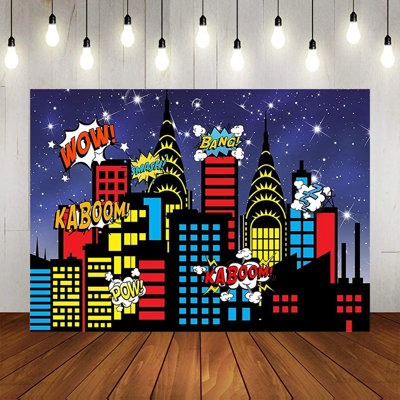 Fondo de ciudad de superhéroe para niños, cartel de cumpleaños, noche, brillo, cielo, ciudad, fondo fotográfico, rascacielos, accesorios para fotos