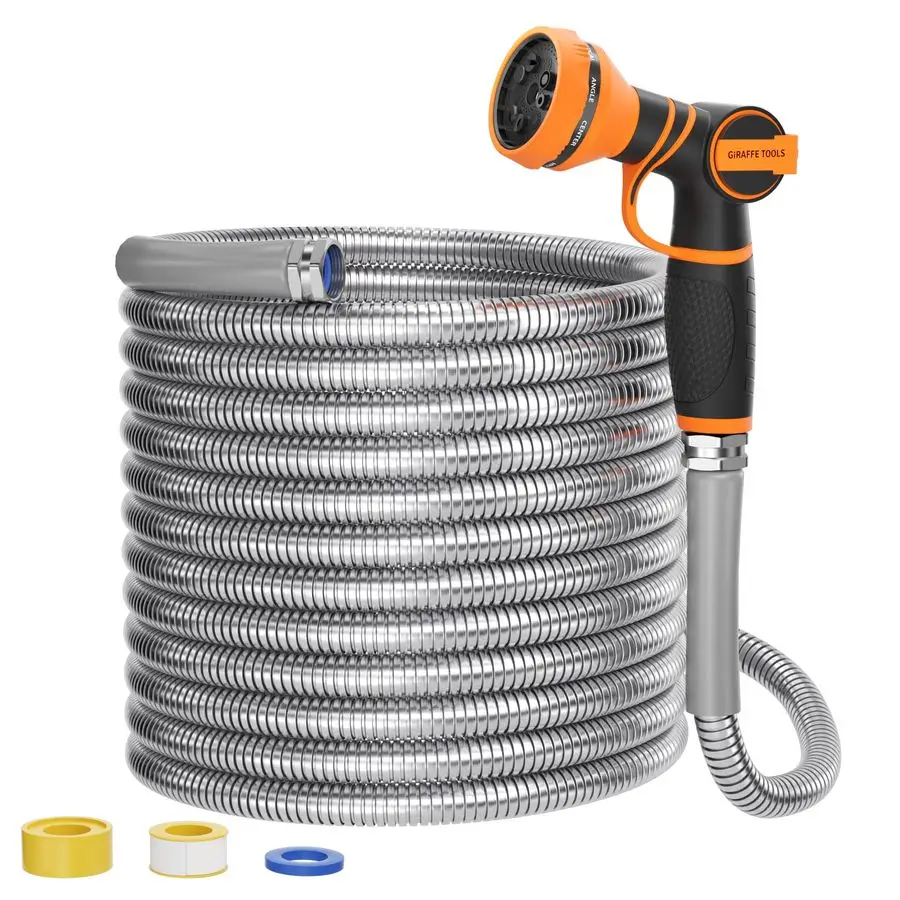 

Garden Hose 100ft x 3 4, 304 Stainless Steel Metal Water Hose, No Kink Garden Water Hose with 9 Pattern Spray Nozzle, Flexible,