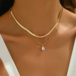 Fashion Boho Geometric Gold Color Alloy Snake Chain Water Droplet Crystal Pendant Necklace For Women Female Vintage Jewelry Gift