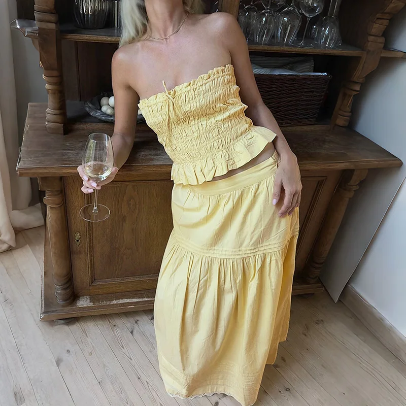 

Tuularose Women's Elegant Dress Set Solid Strapless Lace Up Top Ruched Patchwork Skirt Set Fashion Summer New Vacation Dress Set