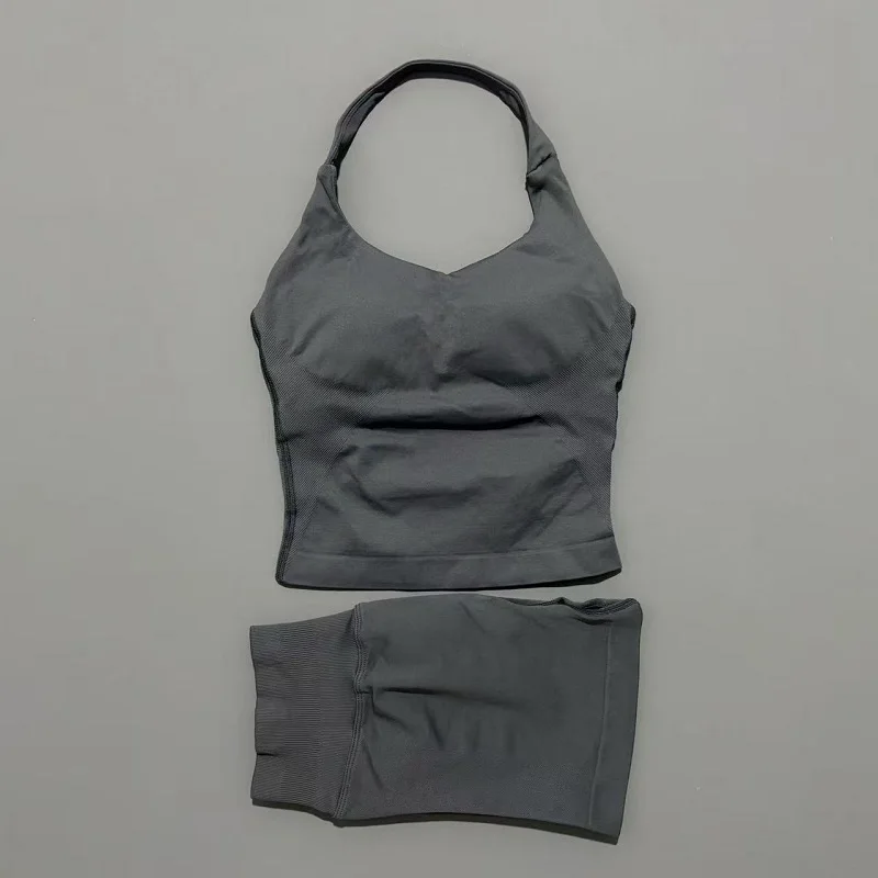 2-delige yogaset voor dames, haltertop zonder rug, high waist naadloze shorts, gympak, fitness sportkleding, workout set