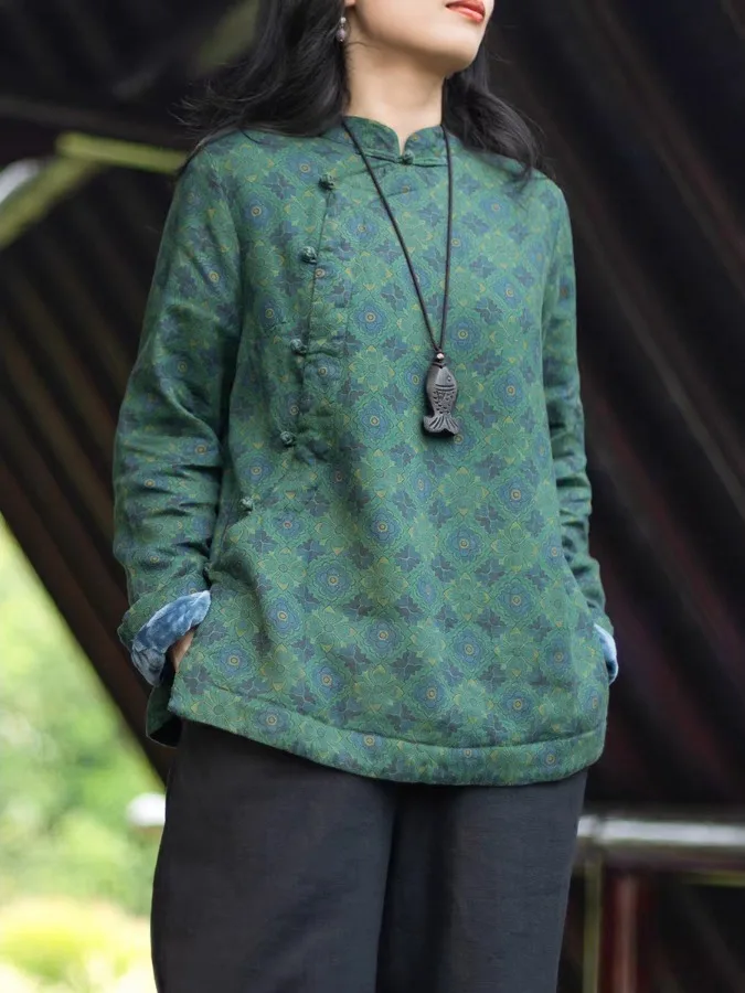 

Retro Linen Cotton Printed New Chinese Sle Women's Top Winter Warm Fce Lined Stand Collar Button up Cotton Jaet