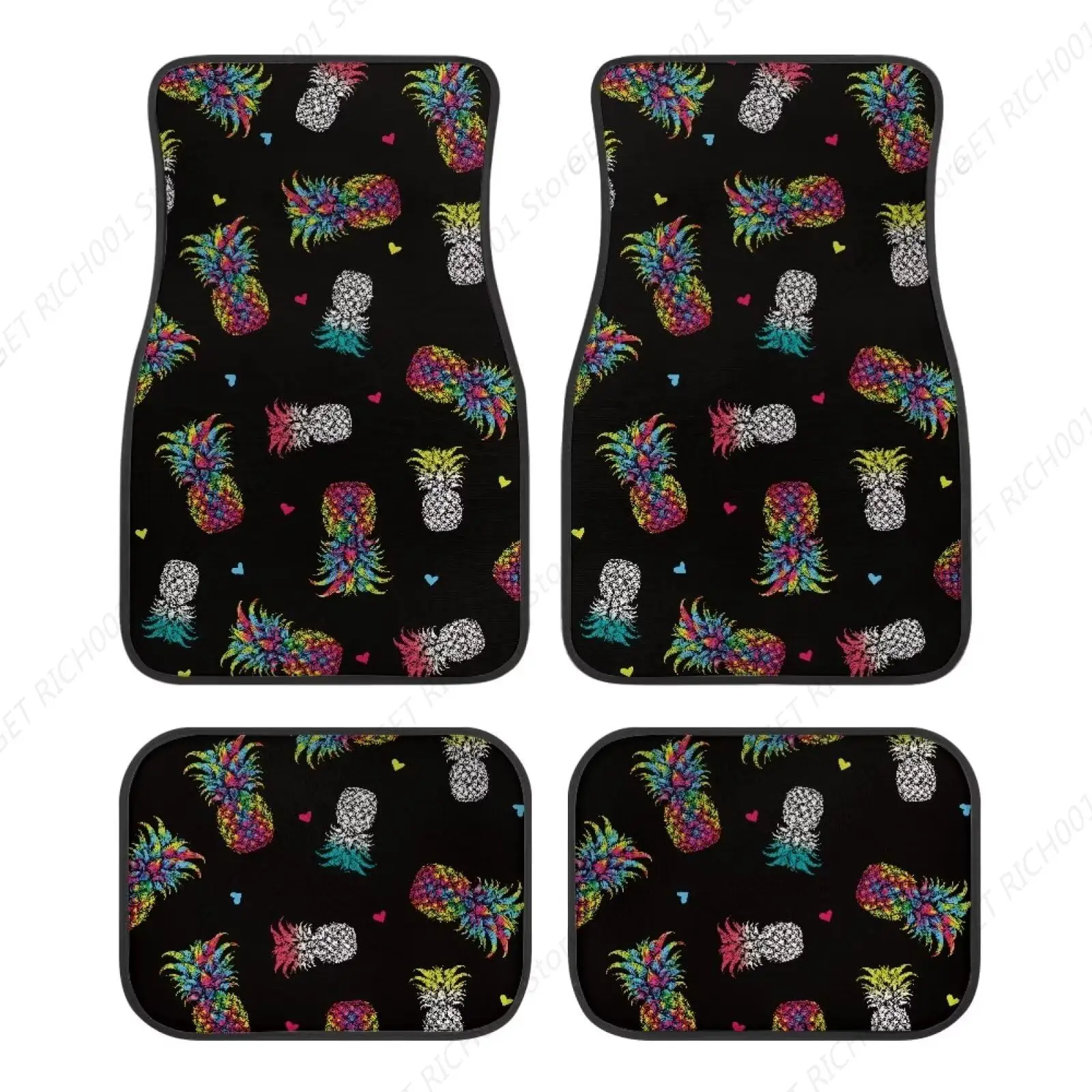 Love Pineapple Black Car Front Rear Floor Mats Universal Car Mat Full Set of 4 Pieces Carpet