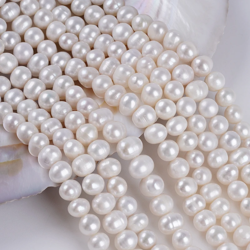 Hilos de Perlas Cultivadas de Agua Dulce Blancas en Forma de Patata de 7-8 mm para la Fabricación de Joyas al por Mayor