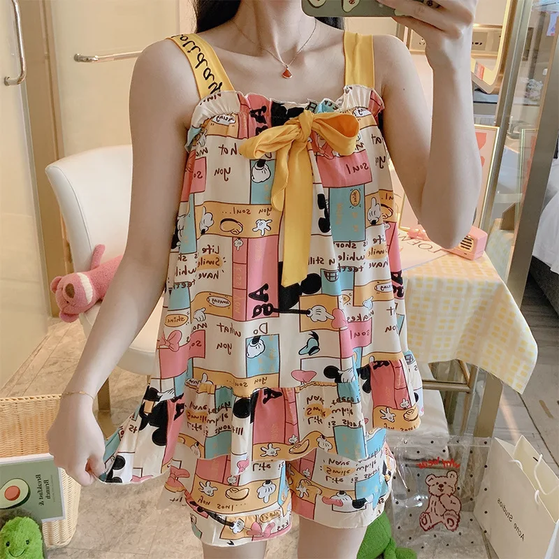 Korean Version Camisole Pajama Two-piece Set for Women Casual Cartoon Student Girl Bow Home Outfit