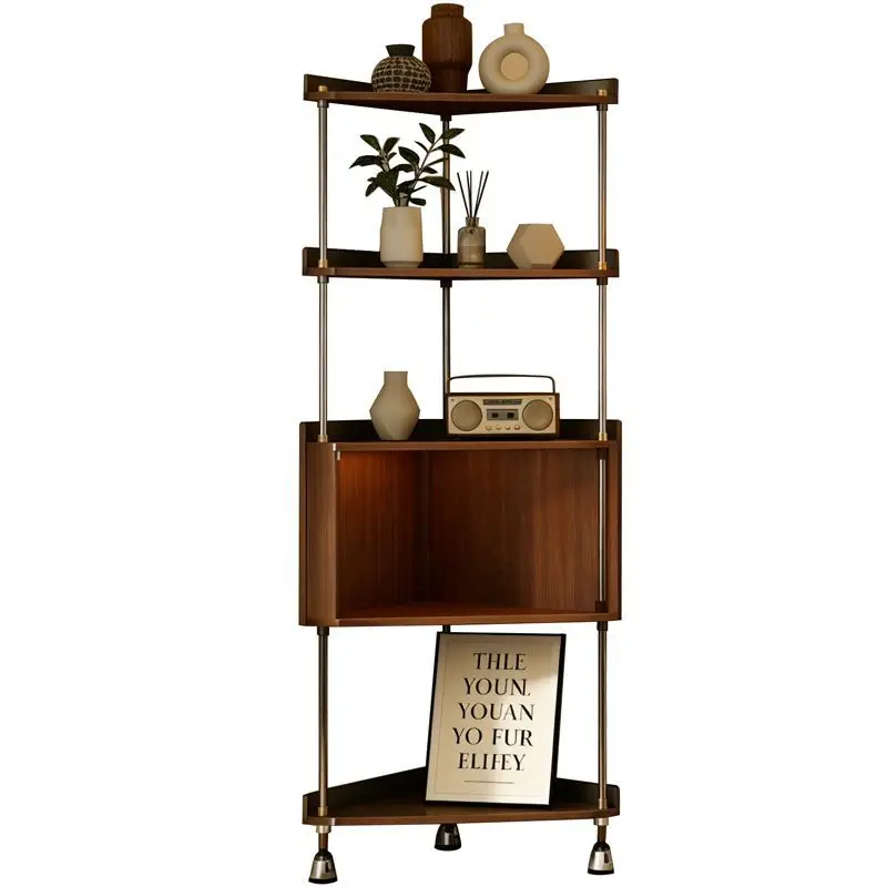 Vintage style solid wood stainless steel corner storage rack, living room wall-mounted bookshelf, sofa side standing