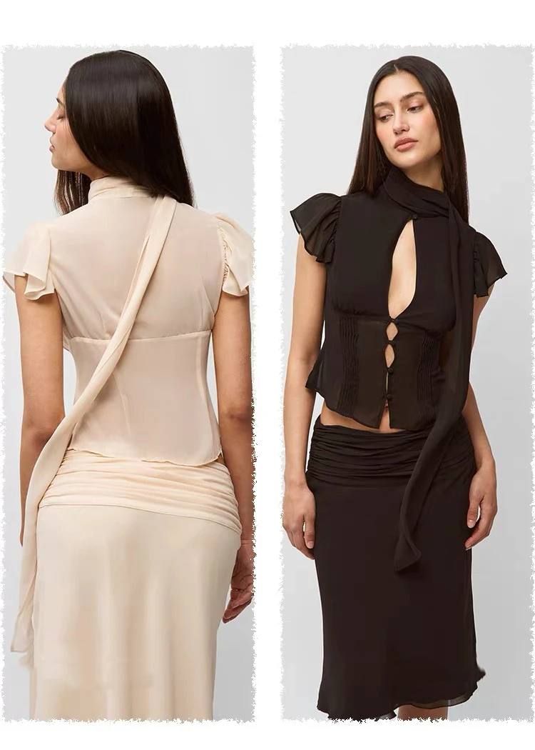 GUIZIO بلوزة خصر مجوفة + تنورة متوسطة الطول بطيات تنانير تناسب الملابس النسائية