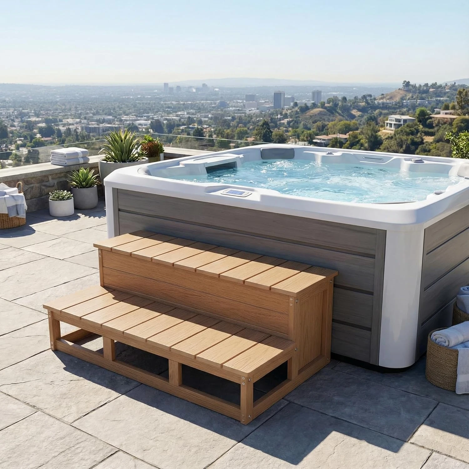 Escalones para Jacuzzi Marrones con Almacenamiento, Aspecto de Madera, HIPS, Escalones para Spa de Exterior, Antideslizantes, Resistentes, para Interiores y Exteriores