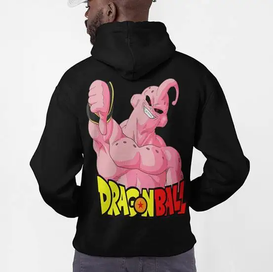 ​ ​ Черная толстовка с капюшоном Dragon Ball для мужчин Majin Buu Thumbs Up с принтом, хлопковая уличная одежда, пуловер свободного покроя, унисекс, аниме, злодей, забавный дизайн ​