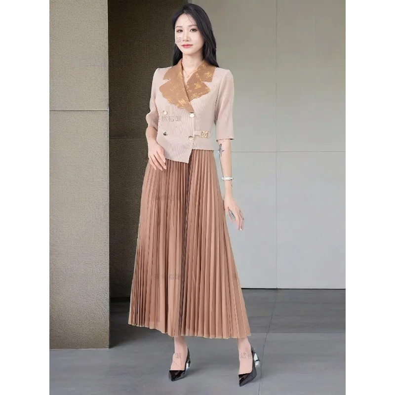 

Плиссированные платья Miyake Senior Sense для поездок на работу и отдыха, новинка 2023 года, горячий золотой цвет, ложная плиссированная длинная юбка из 2 предметов