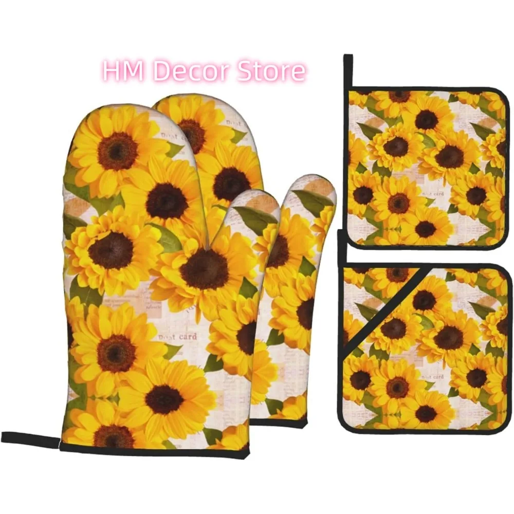 Sunflowers Paper Textures Oven Mitts and Pot Holders Sets of 4, Country Style Cooking Gloves Non-Slip Heat Resistant Polyester O