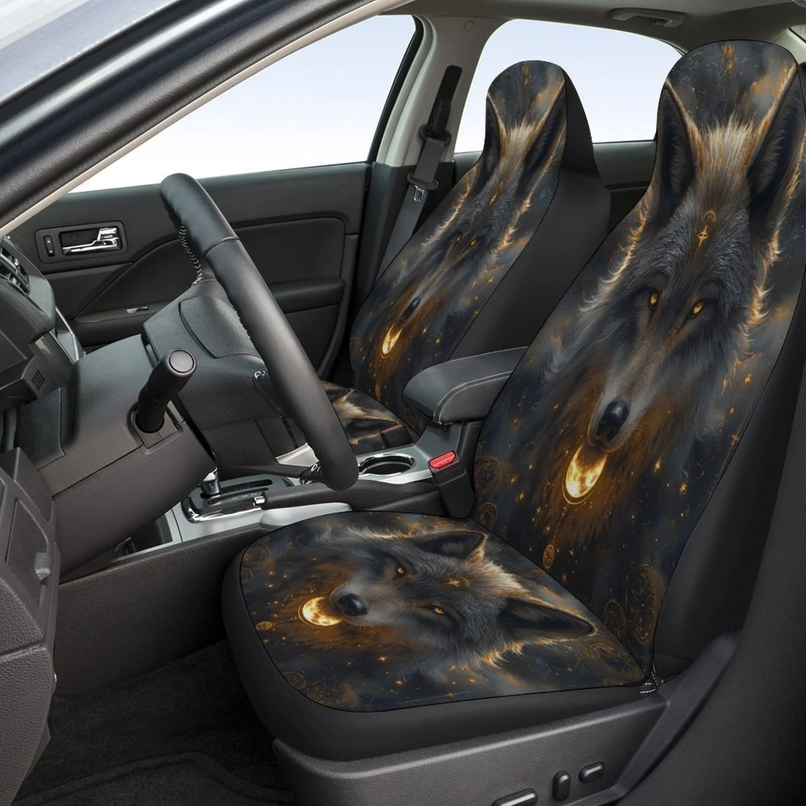 Wolf Moonlight Designed Car Seat Cover Set For Most Cars, Trendy Novelty High-quality Car Seat Protector Covers Full Set, Univer