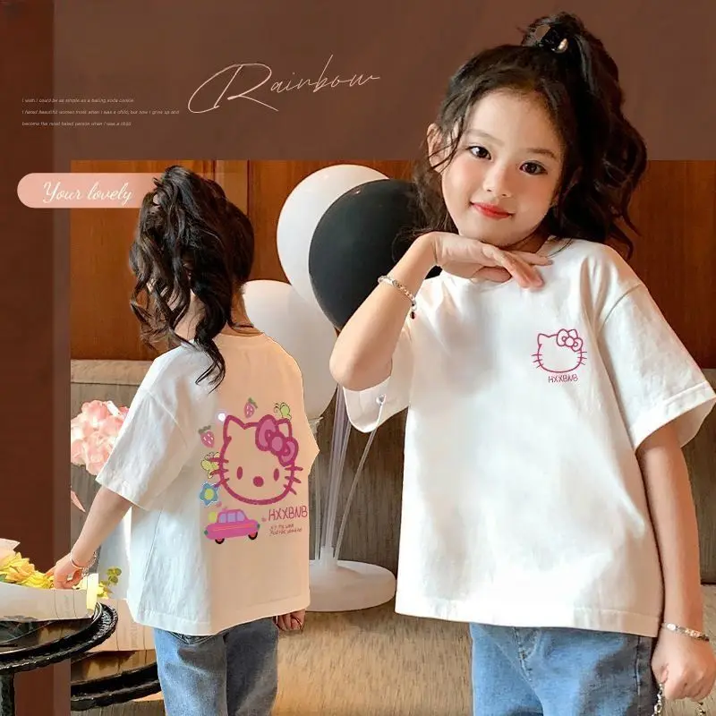 

Hello Kitty Pure Cotton Girl Boy T-Shirt Summer Clothing Short Sleeve Middle-Aged and Big Boy Cartoon Cute Sanriou Festival Gift