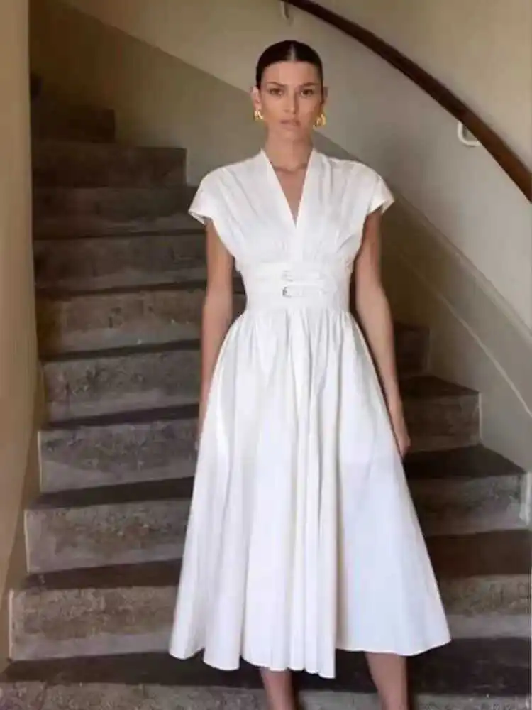 

Ele Vintage Hepburn Sle Midi Dr with Belt A-Line Skirt V-Ne Cotton Summer Dr High Waist Large Flounce Dr