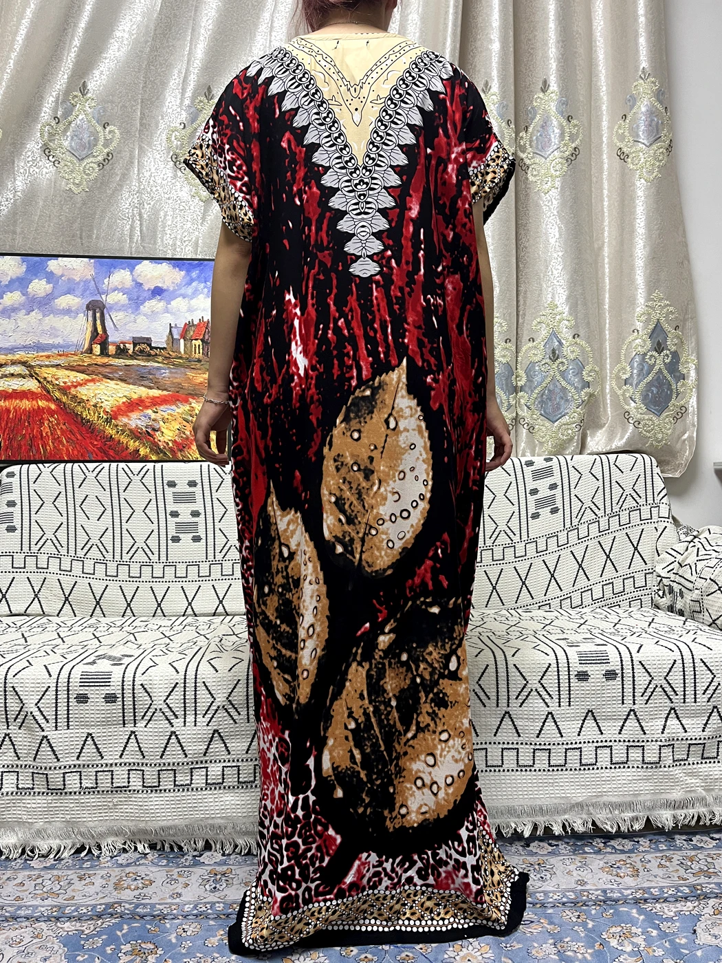 Abayas For Women 2023 Traditional Cotton Printed Short Sleeves African Loose Fit Femme Robe Nigeria Islam Dresses With Turban