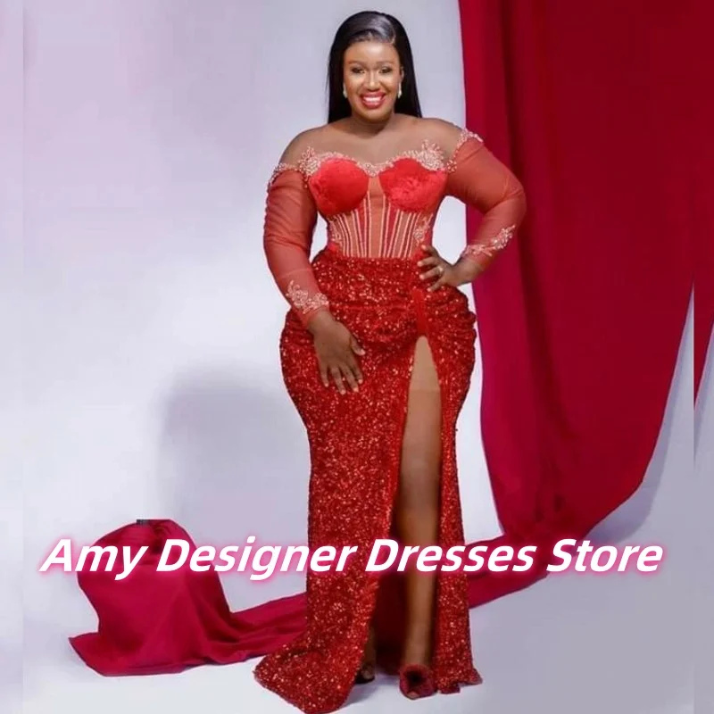 Wykwintna czerwona suknia wieczorowa z aplikacjami z cekinów, z wysokim rozcięciem, syreni krój, nigeryjskie suknie balowe na studniówkę 2025, suknie ślubne na przyjęcie, szyte na miarę.