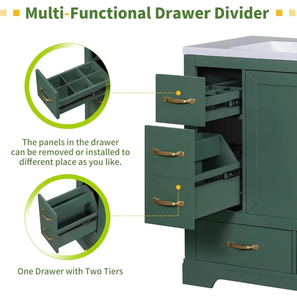 Mobile da bagno verde da 36 pollici con lavabo, sei cassetti, ripiano regolabile, porta con chiusura ammortizzata