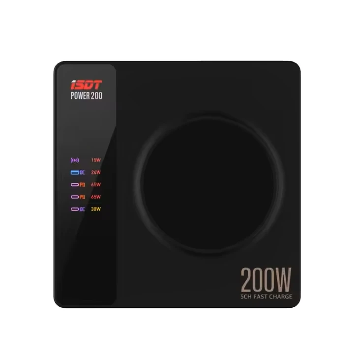 ISDT Power 200W USB-C Charging Station 4-Port USB 1 Wireless Charge Port LED Display App Control QC3.0 Fast Charger for MacBook