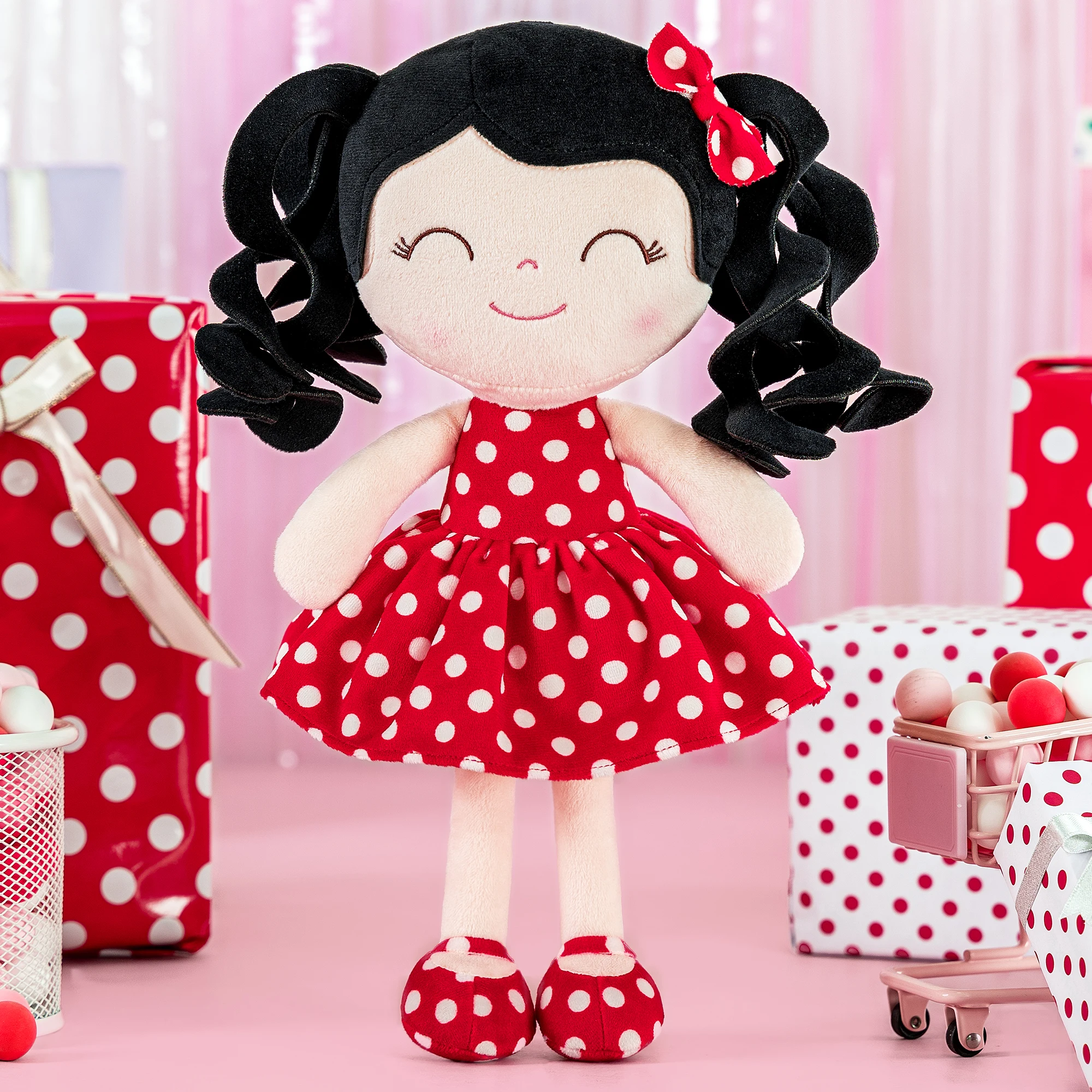 

Gloveleya Baby Dolls PlushToy Curly Hair Doll 2023 New Design Polka Dots Toys 30cm Red