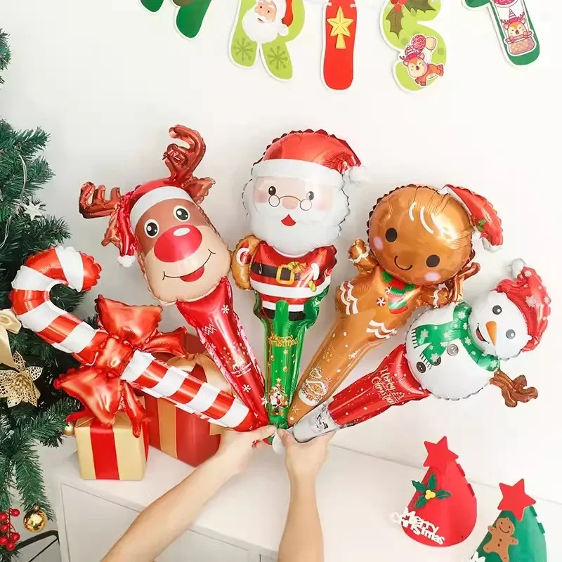 10pcs Christmas Inflatable Stick Cane Candy Elk Head Gingerbread Man Snowman Handheld Balloon Birthday Party Banquet Supplies