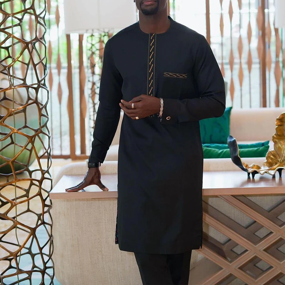 2Pcs Outfits African Mens Sets Outfit Long Sleeves Round Neck Embroidered Casual Shirts Sweatpants Wedding Party Festival Suits