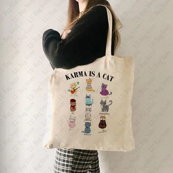 Karma Is Cat Pattern Canvas Hand Luggage The Eras Tour Tote Bags Swiftie Merch Shoulder Bags Cute Cat Shopping Bag