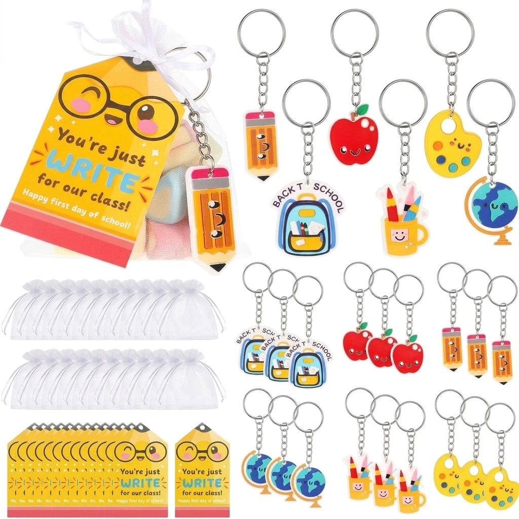 Decorative Keychain Set Colorful for Back to School Student Gifts 24Pcs Silicone Key Rings with Greeting Cards and Bags