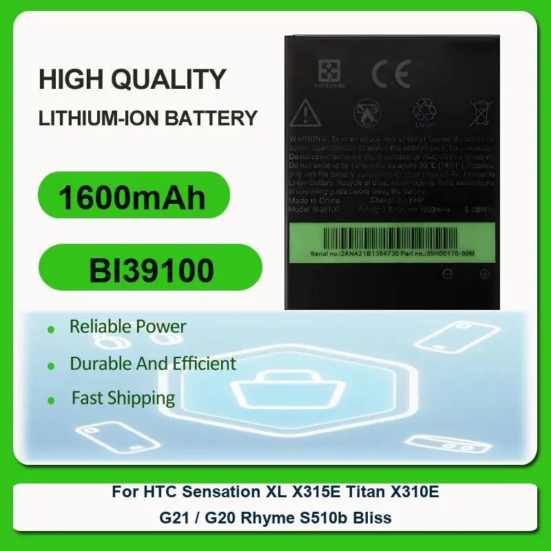 

Сменный аккумулятор для мобильного телефона HTC Sensation XL X315E Titan X310E G21 / G20 Rhyme S510b Bliss BI39100 1600 мАч