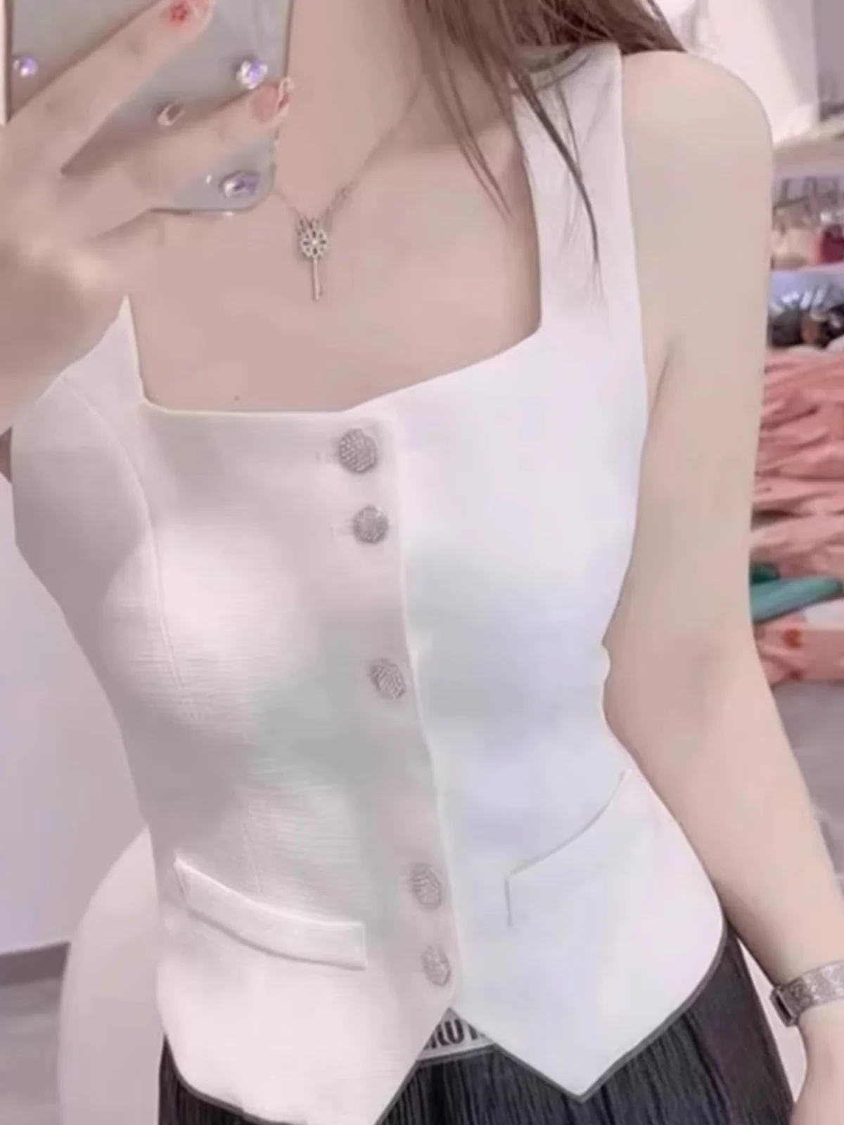Ice Silk Knitted Vest Women's Summer Small Fragrance Style Sleeveless Shoulder Pad Open Cardigan Outerwear Short Top