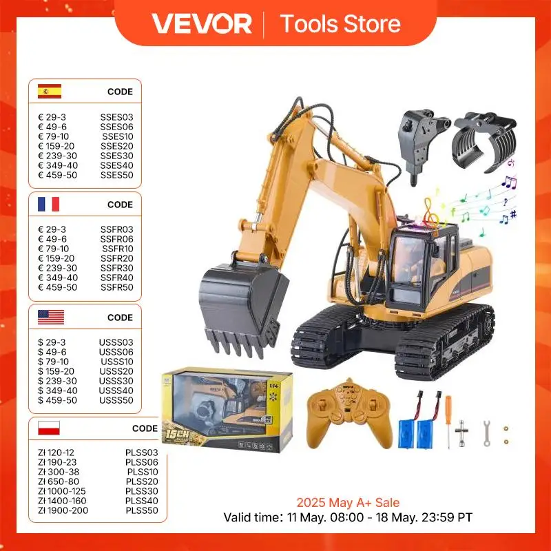VEVOR 2.4G حفارة التحكم عن بعد شاحنة قلابة 3 في 1 RC نموذج سيارة لعبة حفار مع مركبة بناء الضوء والصوت للطفل