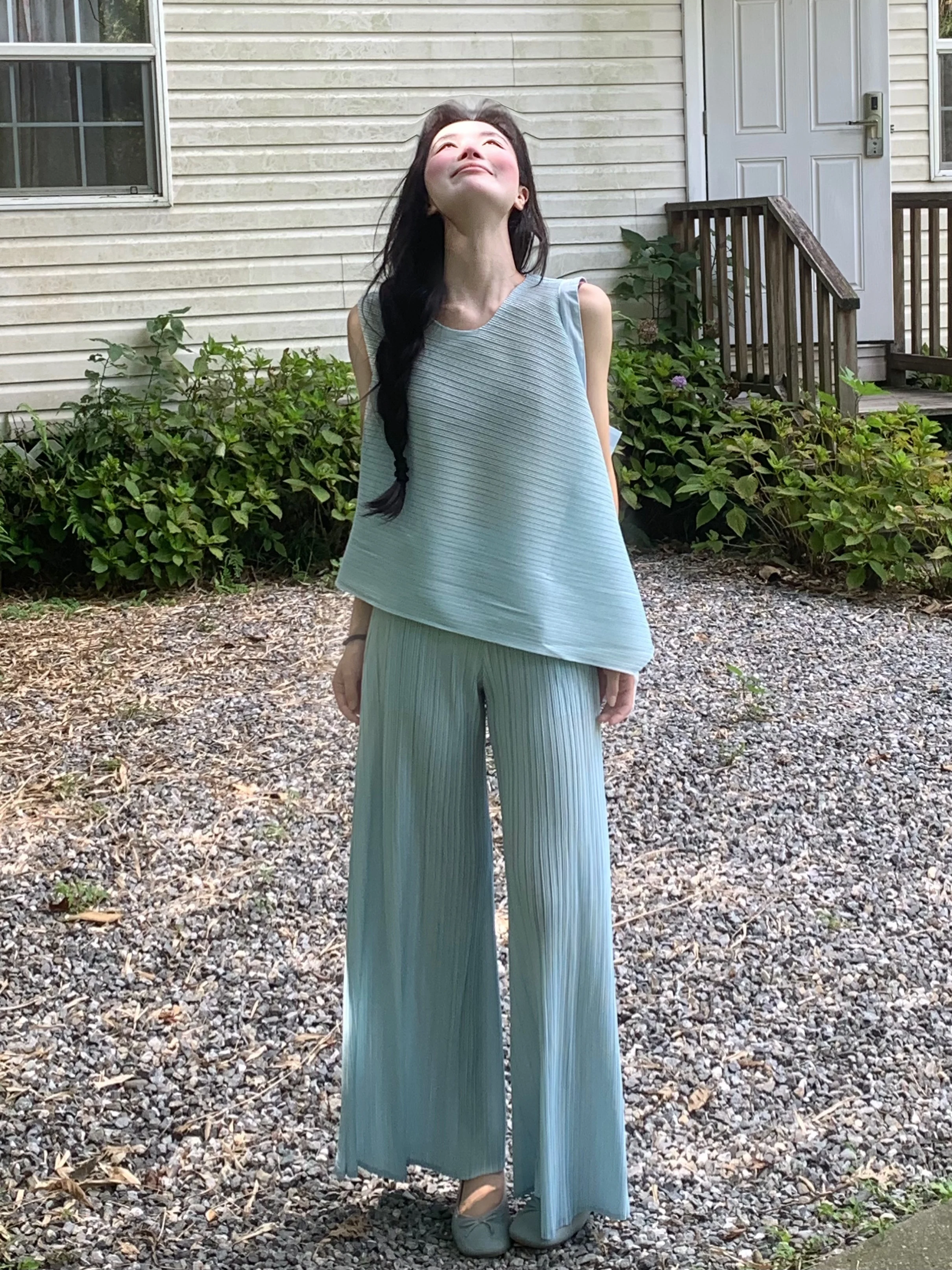 Unique Beautiful Commute Casual Set Summer 2026 Slimming Pleated Top Wide Leg Pants High Waist Long Pants Simple Style Polyes...