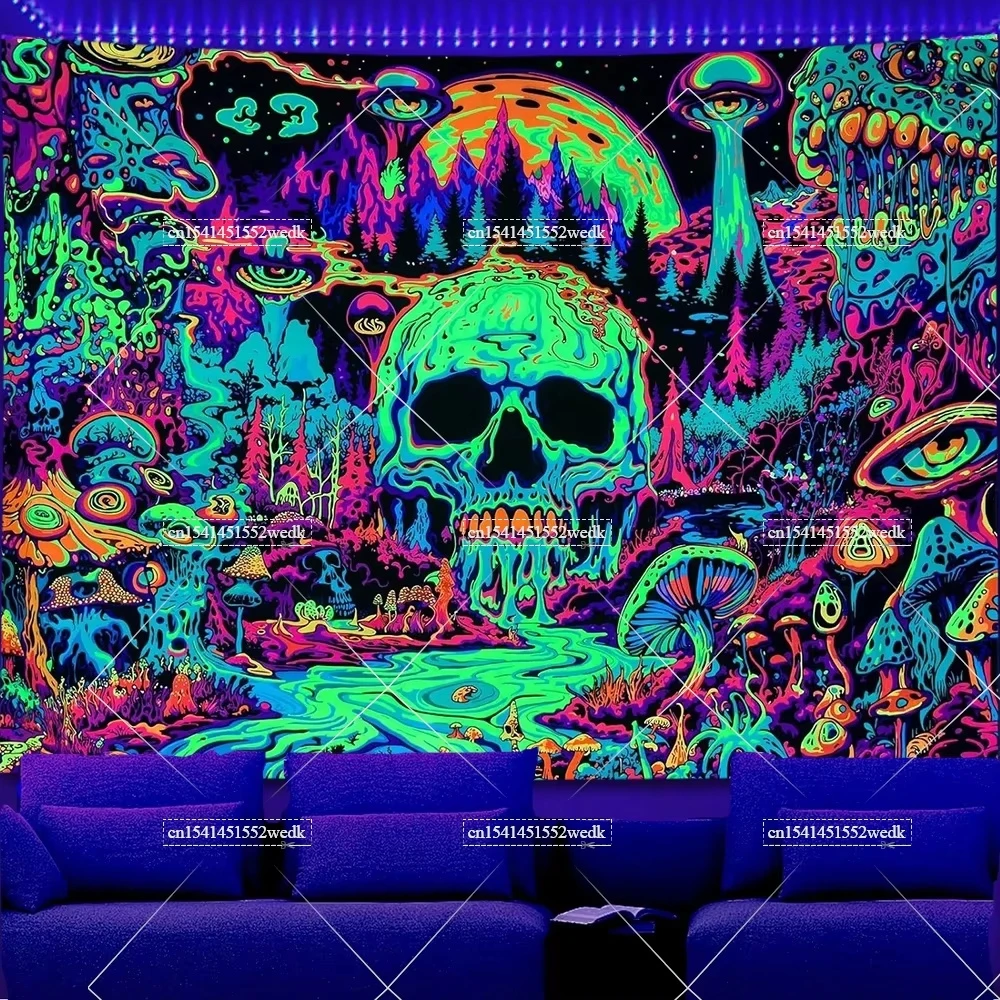 Glow In The Dark Gothic Skull Mushroom Blacklight Tapestry UV Reactive Occult Neon Tapestrys Aesthetic Fluorescent Tapestries 