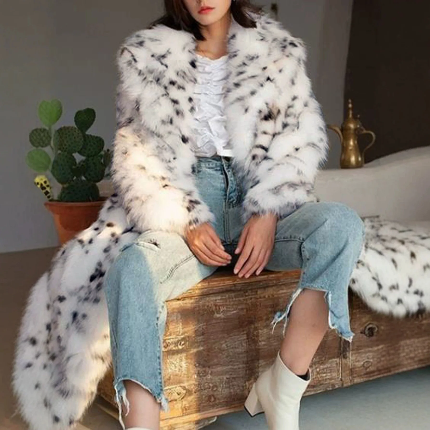 Women's fur coat Imitation fox fur coat black dot leopard print suit long length large size winter warm leather windbreaker