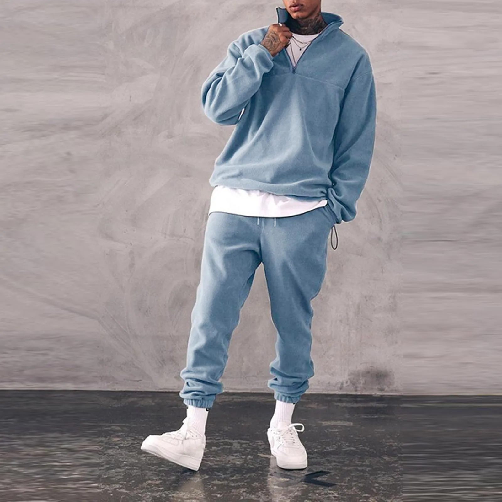 بدلة رجالية عصرية بلون سادة وياقة واقفة مع قلنسوة طقم ملابس رياضية غير رسمية ملابس رجالية شعبية ملابس خروج عصرية #4