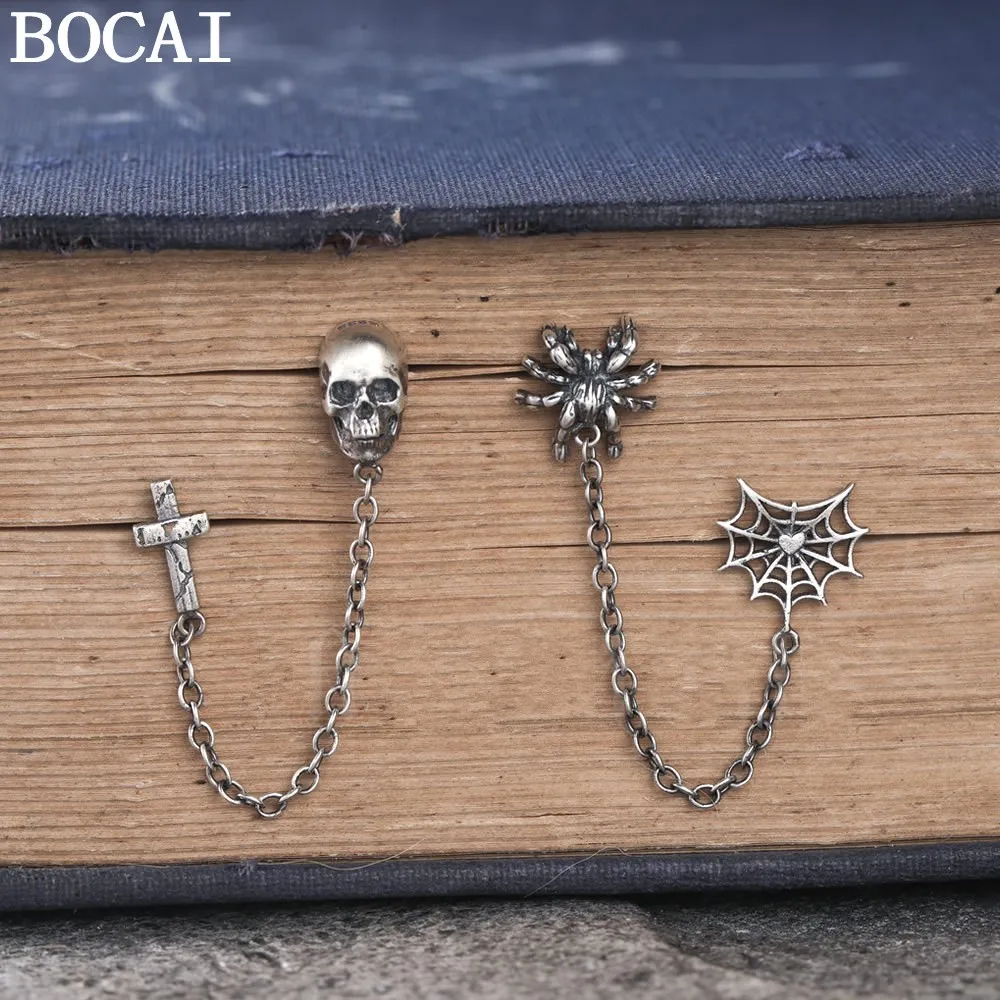 

BOCAI S925 Sterling Silver Vintage Personality Skull Cross Spider Earrings Men's And Women's Gifts