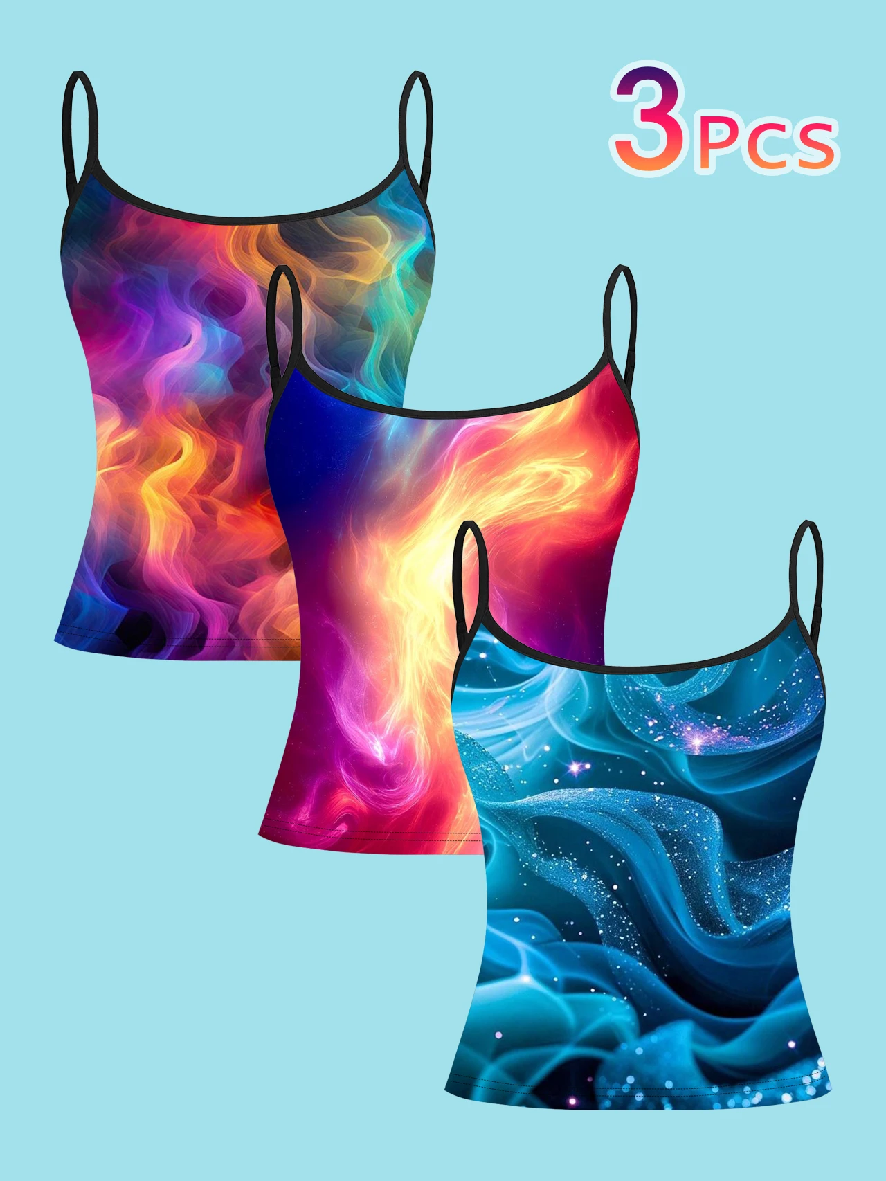 3-Pack Women's Nebula Smoke Flow Print Camisole Cyber Style Colorful Nebula Fluid Starlight Slim-Fit Spaghetti Strap Sleeveless Base Top