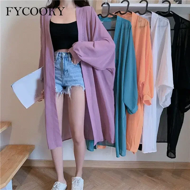 

Summer New Uv-protection Wear Women Korean Chic Loose Jacket Basics Chiffon Double Collar Design Lantern Sleeve Cardigan
