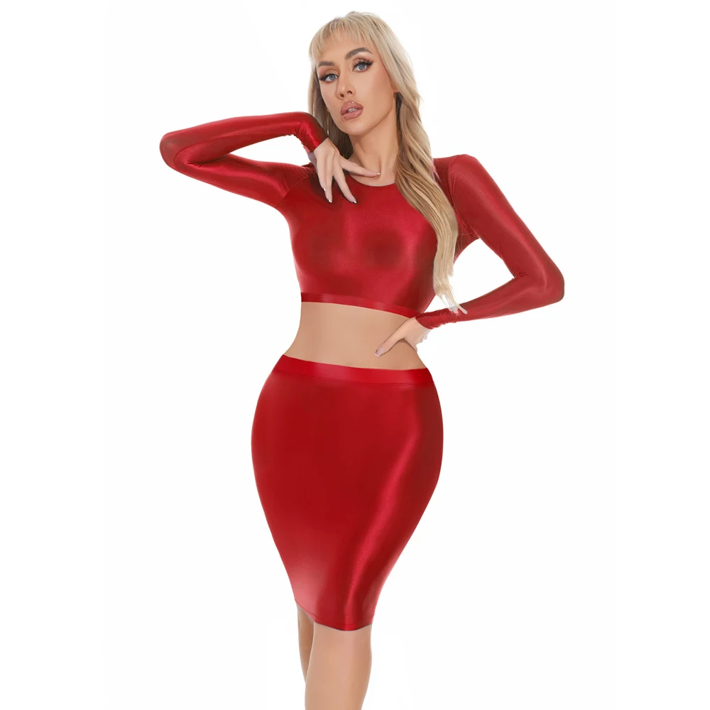 Sexy Women Oil Glossy Shiny Micro Mini Skirt Stain Smooth Tight Pencil Skirt Elastic Packet Hip Sweet Cute OL Skirt With Top