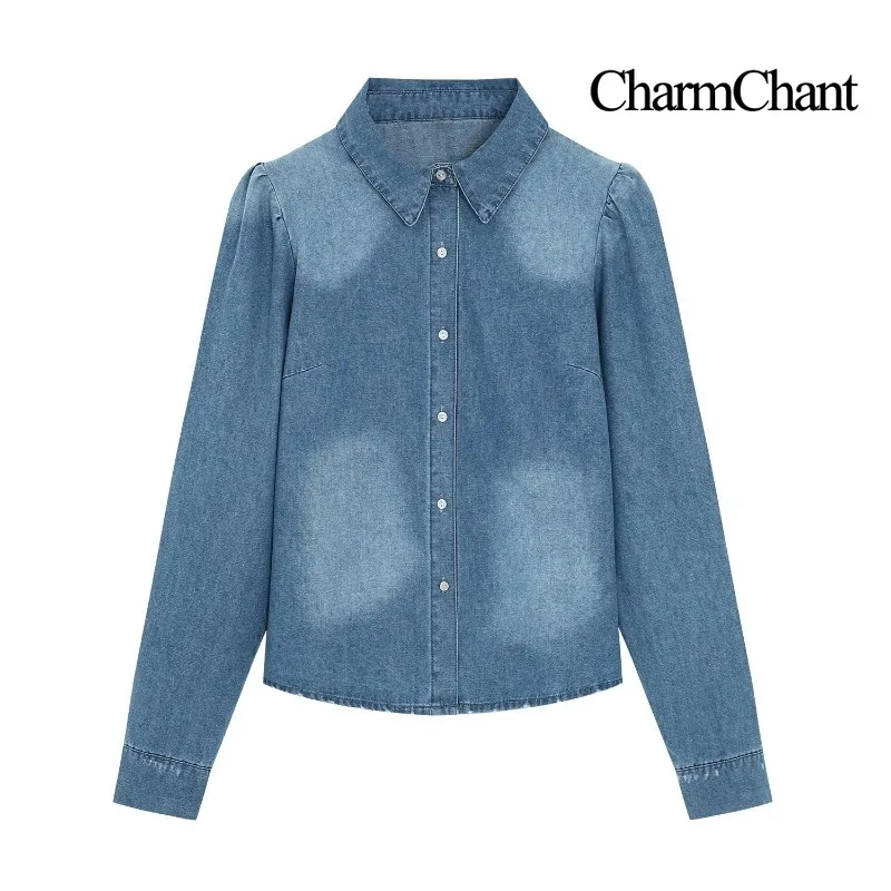 CHARMCHANT Women Double Denim Set Long Sleeve Puff Shoulder Jeans Shirt + Ripped Wide Leg Jeans Two Piece Outfit