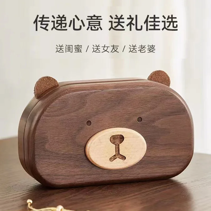 Solid wood bear jewelry small exquisite ring, necklace, storage box, portable cute gift for girls