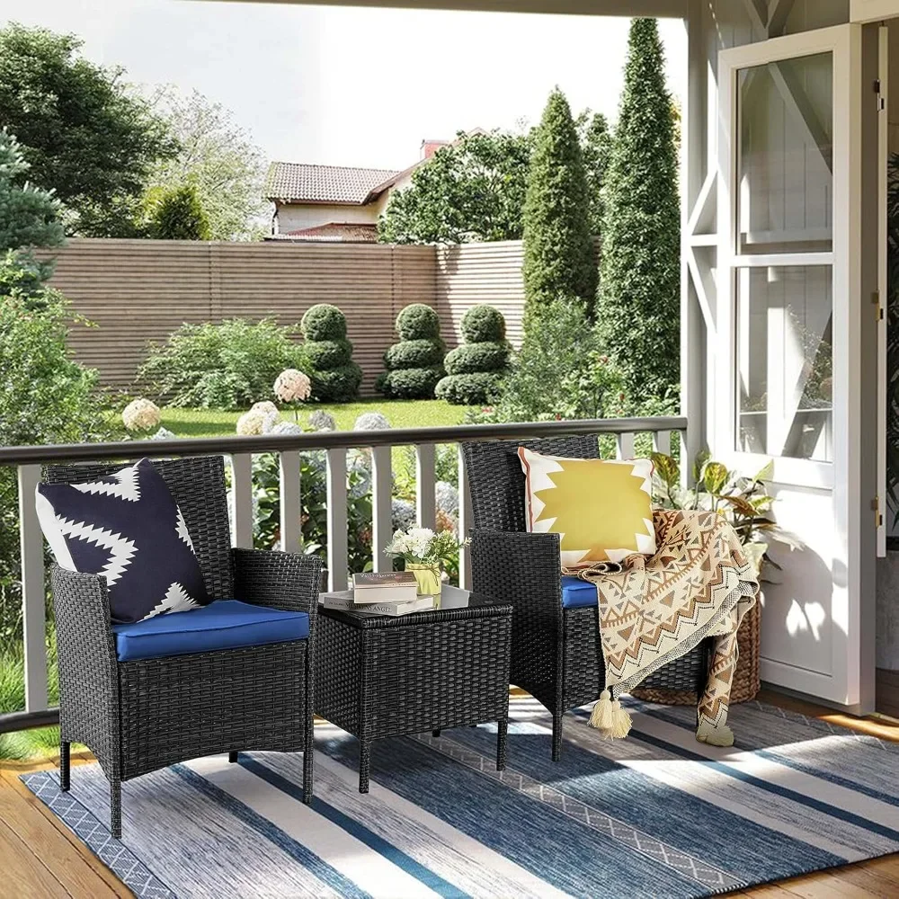 

3-piece courtyard furniture set, outdoor PE rattan chairs and coffee table with soft cushions, backyard lawn porch
