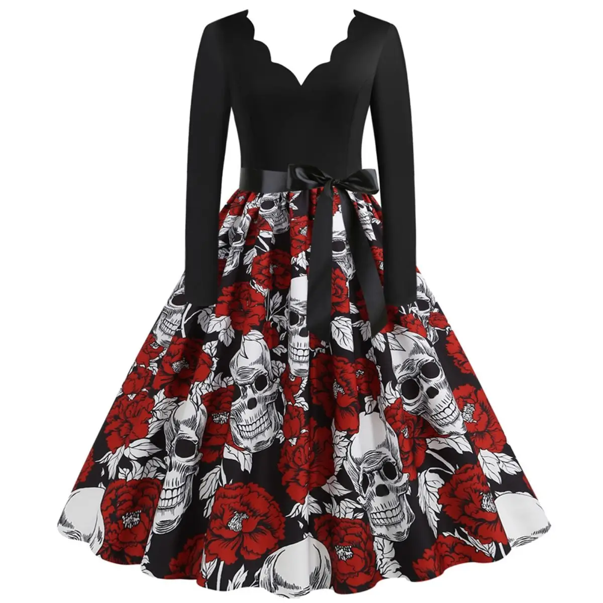 

Hepburn Style Halloween New Style Slim Fit Retro Printed Large Hem Dress Fake Two Pieces