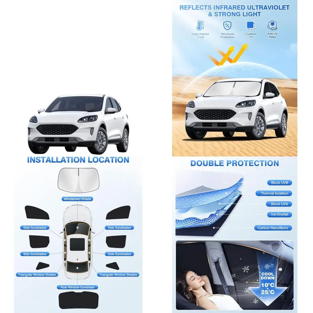 

Black 8-Piece Windshield and Side Window Sunshade Kit for 2020-2025 Ford Escape, Provides Privacy and Keeps Vehicle Cool