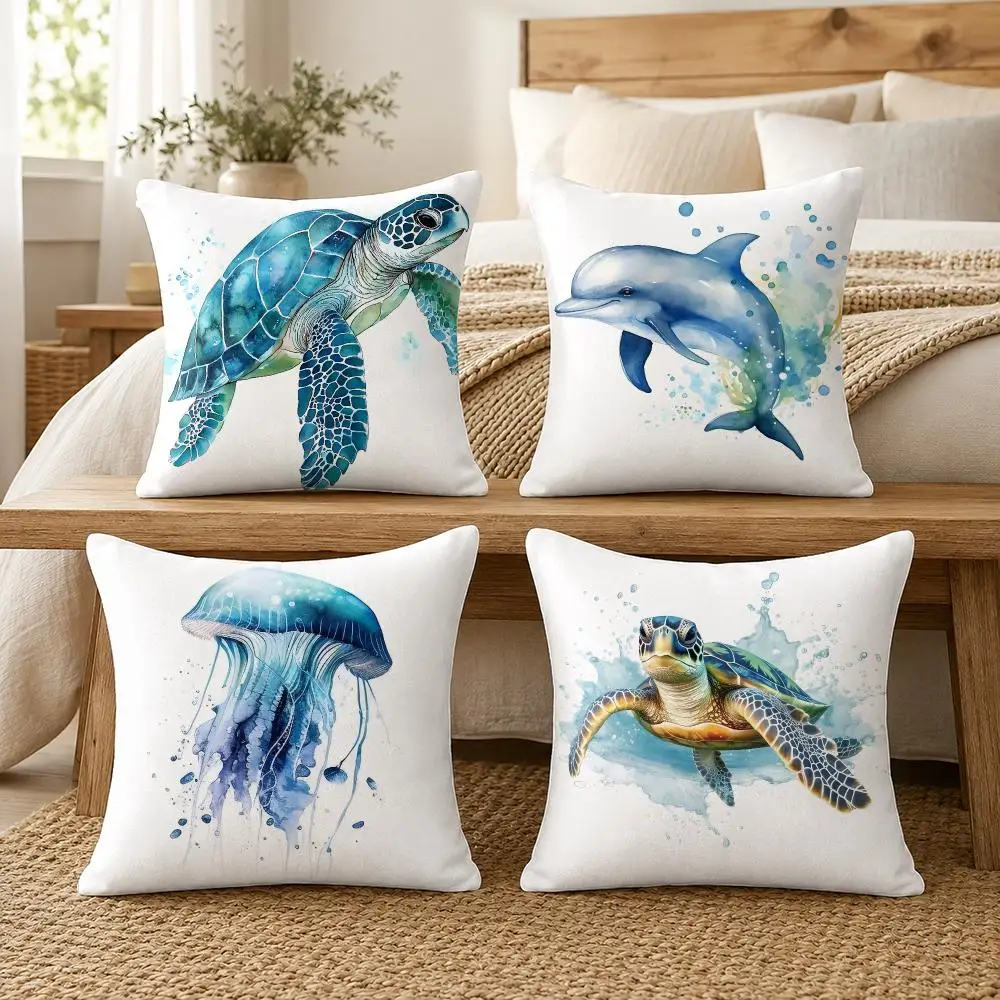 Sea Turtle Coral Ocean Design Cushion Cover Soft Short Plush Pillow Cover Smooth Cozy Texture Cushion Case Home Decor