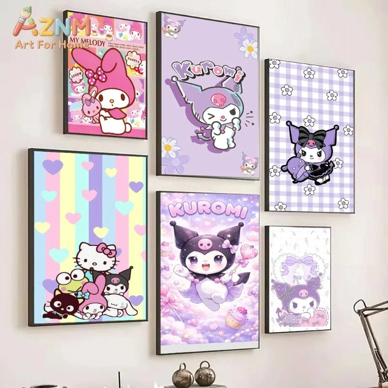 My Melody Kuromi Canvas Poster Cute Sanrio Cartoon Character Print Unframed Canvas Art Sweet Pink Purple Aesthetic Wall Decor Gi