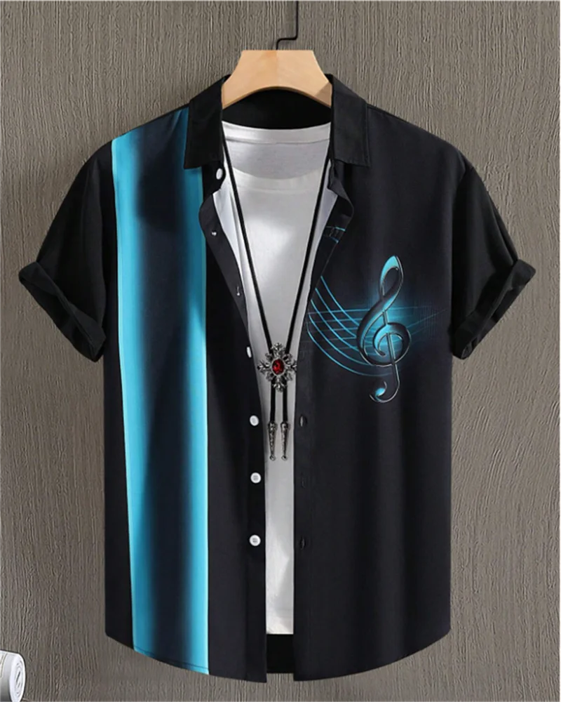 2024 new bright music men's short-sleeved shirt casual daily wear comfortable fabric clothing top