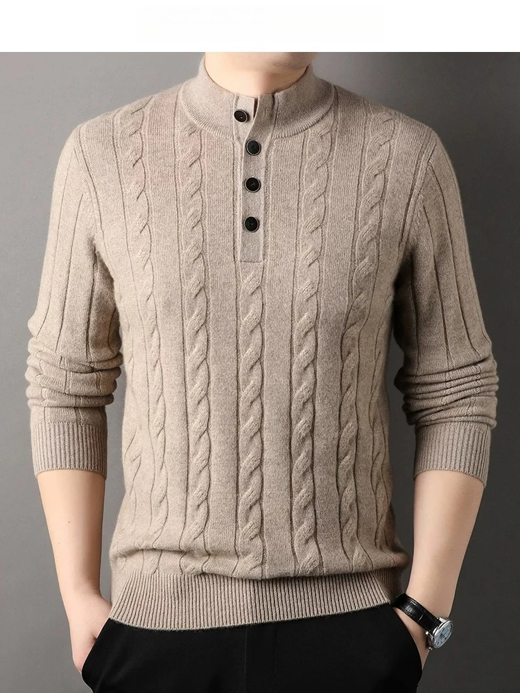 100% pure cashmere sweater men's thick retro twisted sweater winter button half-high collar warm knit bottoming shirt