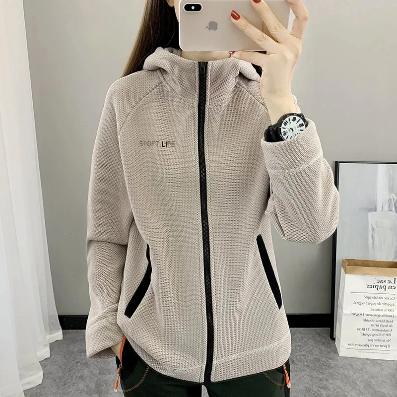 Women's Fleece Hooded Cardigans Thick Plush Jackets Warm Sports Sweaters Outdoor Fitness Running Riding Blazer Autumn Winter