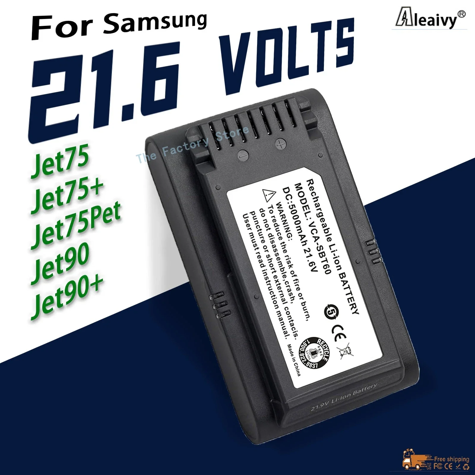 21.6V 5000mAh High Capacity Li-ion Battery for Samsung Jet75 VS9000 Vacuum Cleaner, Replacement for VCA-SBT90 VCA-SBT90E Model