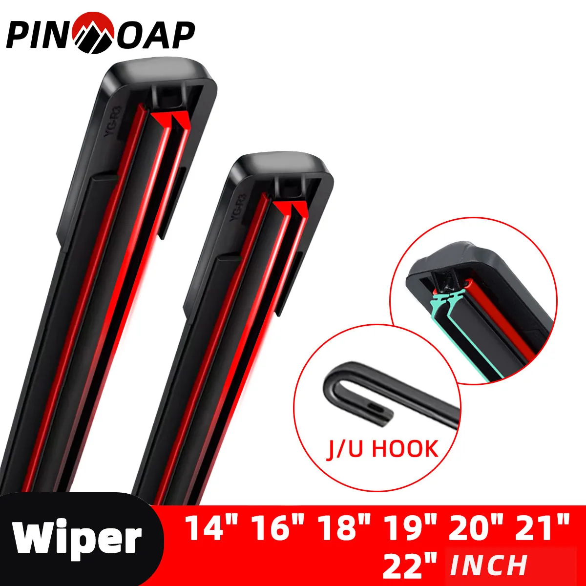 PINMOAP Blade J Hook U Type Universeller, nicht unterstützter Autowischer ﻿ Auto-Scheibenwischer mit doppeltem Gummistreifen, 14 Zoll, 16 Zoll, 18 Zoll, 19 Zoll, 20 Zoll, 21 Zoll, 22 Zoll